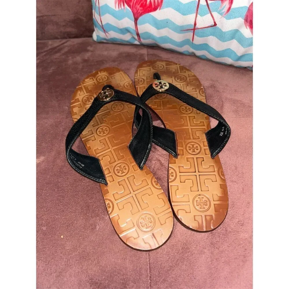 Tory Burch Women's Thora Black Leather Thong Sandals Size 9